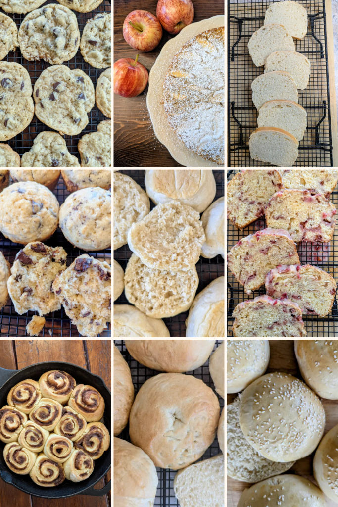 Collage of sourdough discard recipes including cake, rolls, and muffins